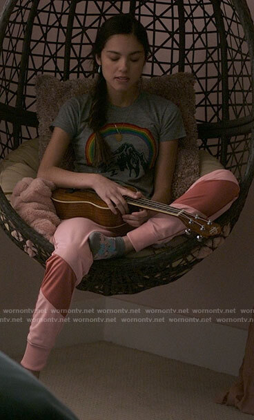 Nini's rainbow graphic tee, pink pants and llama socks on High School Musical The Musical The Series