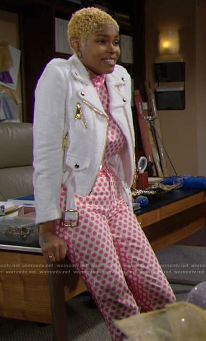 Paris's pink polka dot top and pants and white biker jacket on The Bold and the Beautiful