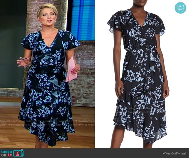 Parker Cascading Ruffle Printed Midi Dress worn by Jamie Yuccas on CBS Mornings