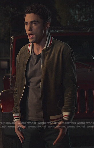 Paxton's green suede bomber jacket on Never Have I Ever
