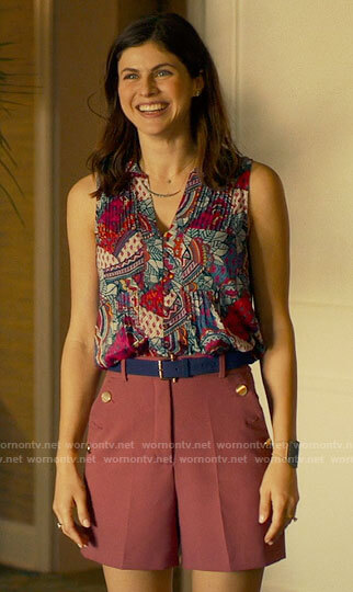 Rachel's printed sleeveless top and pink shorts on The White Lotus