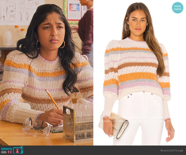 Fluffy Stripe Pullover by Rebecca Taylor worn by Devi Vishwakumar (Maitreyi Ramakrishnan) on Never Have I Ever