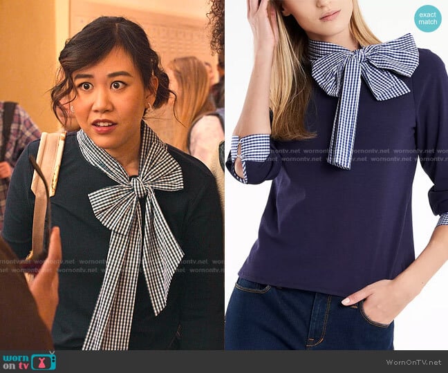 Juliette Bow-Neck Gingham-Trim Top by Riley & Rae worn by Eleanor Wong (Ramona Young) on Never Have I Ever