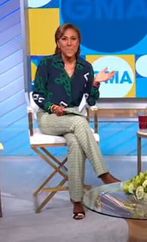 Robin’s navy and green link print blouse and check pants on Good Morning America