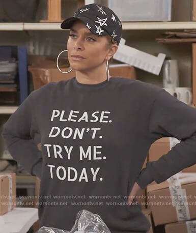 Robyn's Don't try me sweatshirt on The Real Housewives of Potomac