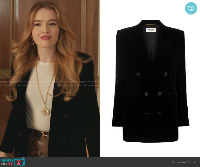 Velvet Double Breasted Jacket by Saint Laurent worn by Kirby Anders (Maddison Brown) on Dynasty