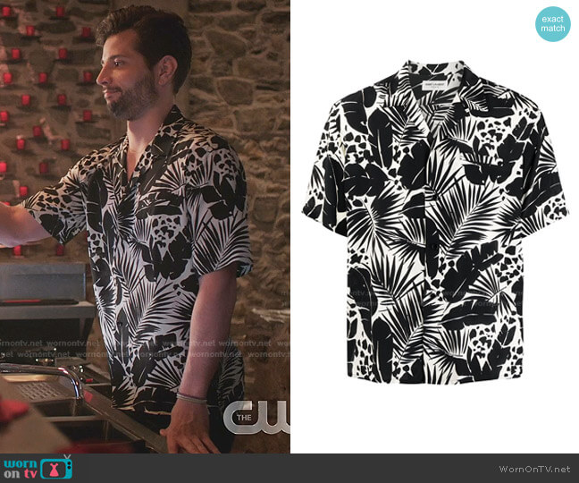 Leaf-Print Silk Shirt by Saint Laurent worn by Sam Flores (Rafael de la Fuente) on Dynasty