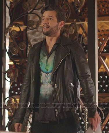 Sam’s black waterfall print shirt and moto jacket on Dynasty