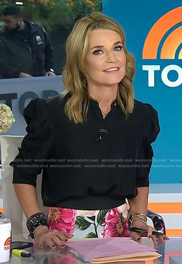 Savannah’s black puff sleeve blouse and floral skirt on Today