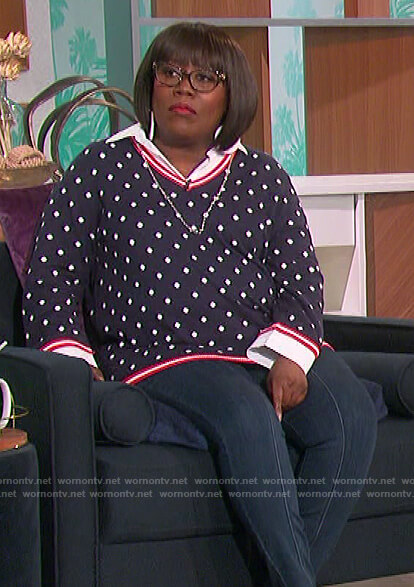 Sheryl navy polka dot sweater on The Talk