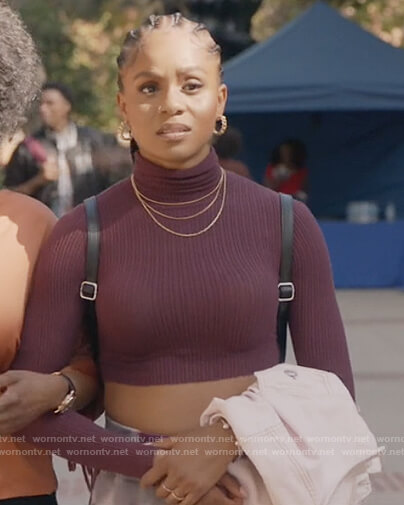 Simone's purple ribbed crop top on All American