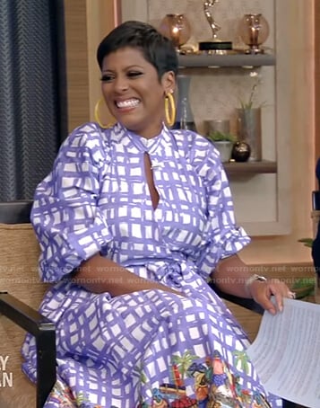 Tamron Hall’s blue plaid cutout poplin dress on Live with Kelly and Ryan