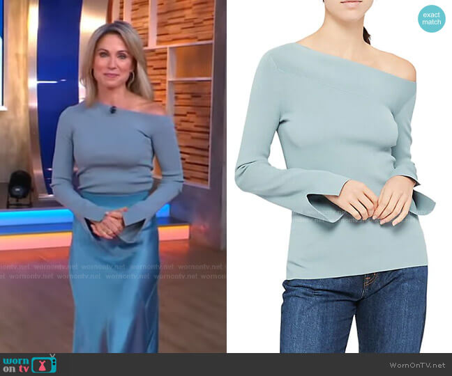 WornOnTV: Amy’s blue one off-shoulder top and satin skirt on Good ...