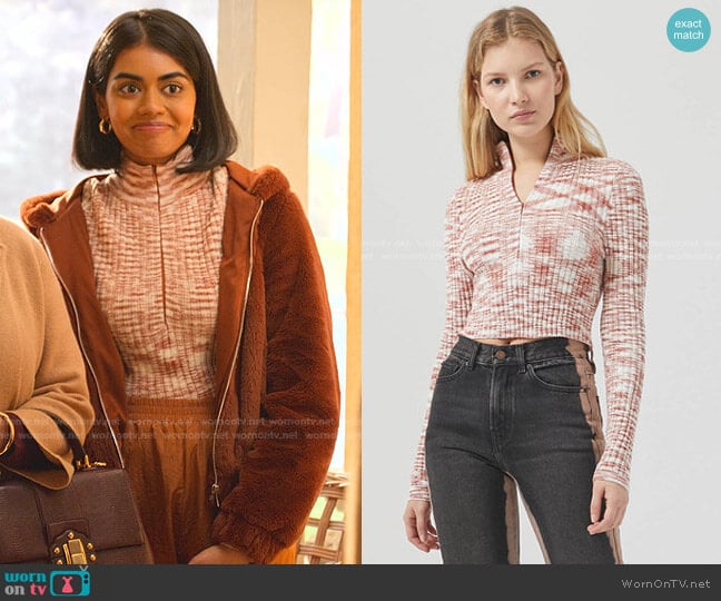 Ty Chenile Half Zip Top by Urban Outfitters worn by Aneesa (Megan Suri) on Never Have I Ever