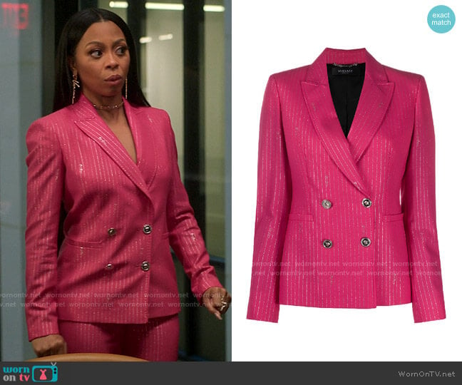 Versace Double Breasted Metallic Pinstripe Blazer worn by Renee Ross (Bresha Webb) on Run the World