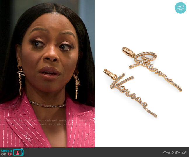 Gianni Versace Signature Goldtone Crystal Huggie Drop Earrings worn by Renee Ross (Bresha Webb) on Run the World