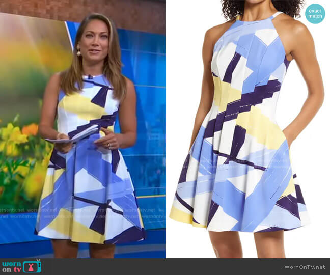 Abstract Print Halter Neck Fit & Flare Dress by Vince Camuto worn by Ginger Zee on Good Morning America