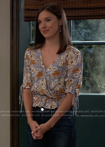 Willow’s blue floral print wrap blouse on General Hospital