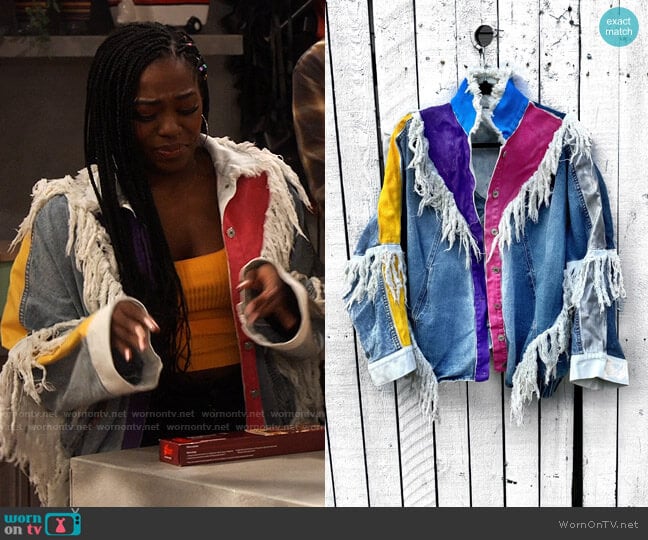 Wren + Glory Painted Patchwork Denim Jacket worn by Harper (Laci Mosley) on iCarly