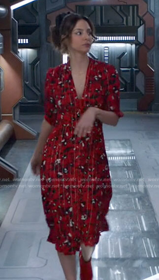 Zari's red floral v-neck dress on Legends of Tomorrow