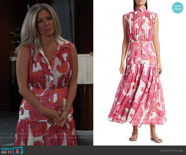 Peggy Sleeveless Paisley-Print Midi Shirtdress by Zimmermann worn by Carly Spencer (Laura Wright) on General Hospital