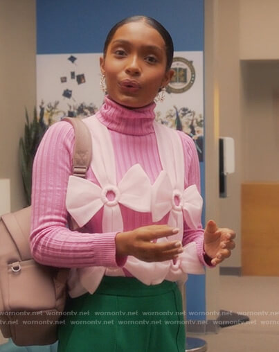 Zoey’s pink ribbed turtleneck sweater and pants on Grown-ish