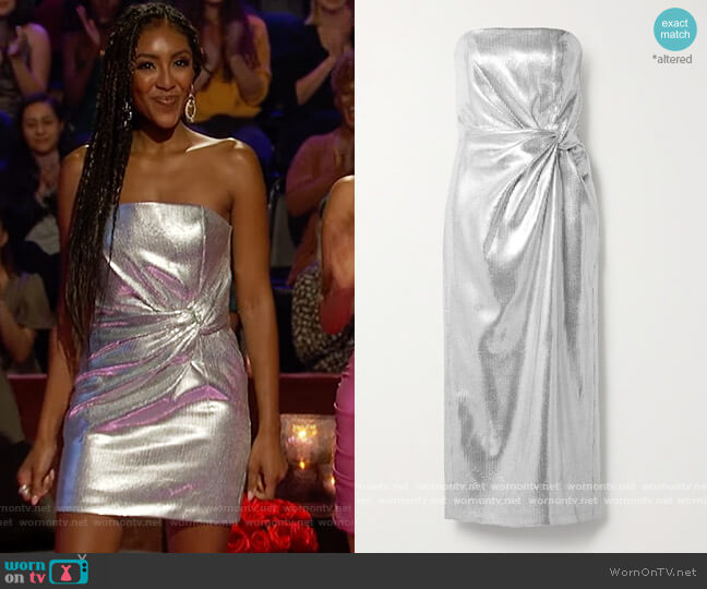 Himawari strapless knotted sequined crepe midi dress by 16Arlington worn by Tayshia Adams on The Bachelorette