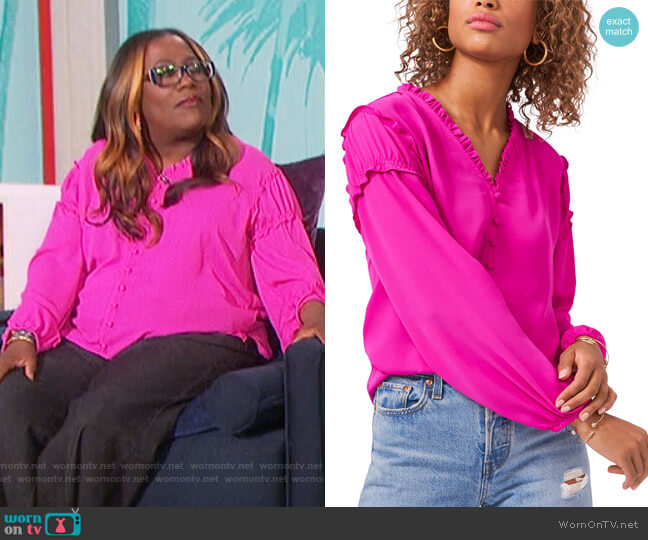 Ruffled-Trim Blouse by 1.State worn by Sheryl Underwood on The Talk