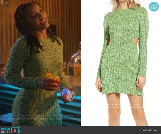 Dove Cutout Long Sleeve Ribbed Sweater Dress by AFRM worn by Jazlyn Forster (Chloe Bailey) on Grown-ish