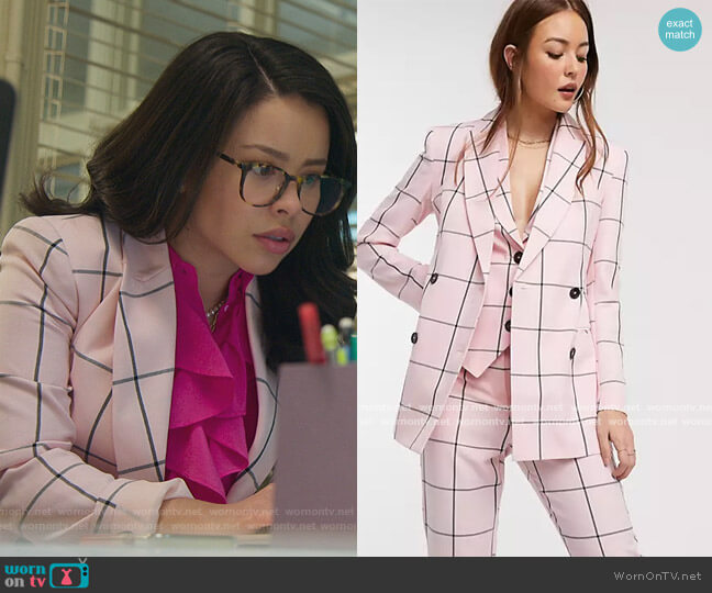 Double Breasted Suit Blazer in grid by ASOS worn by Mariana Foster (Cierra Ramirez) on Good Trouble