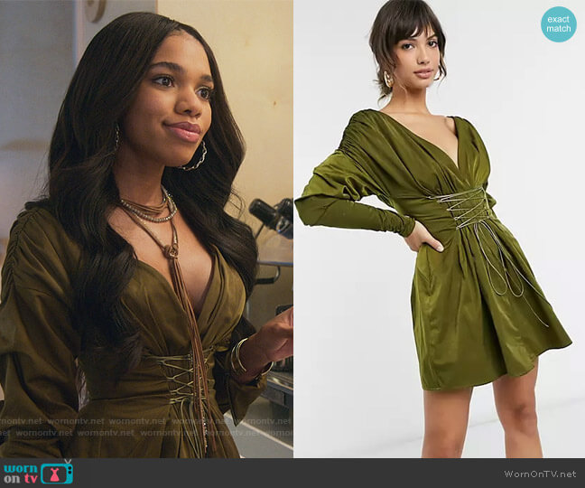 Off-the-shoulder ruched Mini Dress with lace up detail by ASOS worn by Zelda Grant (Teala Dunn) on Good Trouble