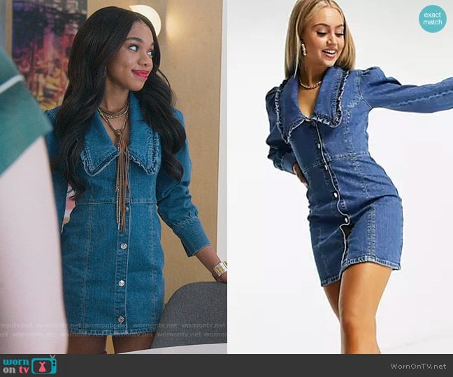 Frill Collar Denim Mini Dress by ASOS worn by Zelda Grant (Teala Dunn) on Good Trouble