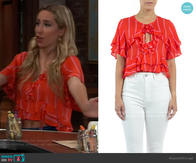 Red Striped Double Ruffle Round Neck Short Sleeve Crop Top by BTFL Life worn by Josslyn Jacks (Eden McCoy) on General Hospital