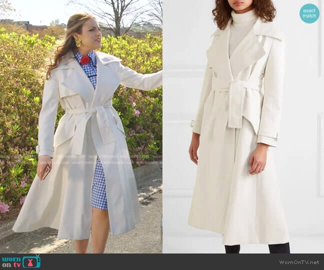 Belted Faux Leather Trench Coat by Sara Battaglia worn by Fallon Carrington (Elizabeth Gillies) on Dynasty