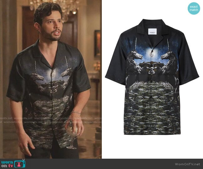 Rockwood Unicorn Meadow Print Silk Bowling Shirt by Burberry worn by Sam Flores (Rafael de la Fuente) on Dynasty