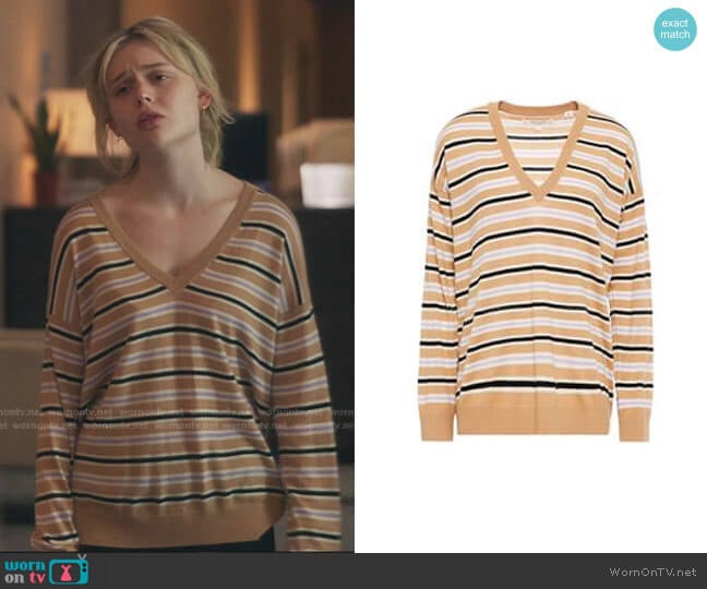 Striped Intarsia Wool and Cashmere-Vlend V-Neck Sweater by Chinti & Parker worn by Audrey Hope (Emily Alyn Lind) on Gossip Girl