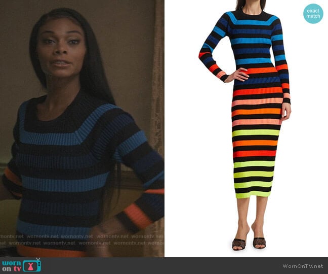 Rainbow Striped Ribbed Midi Dress by Christopher John Rogers worn by Imani (Jasmine Davis) on The Chi