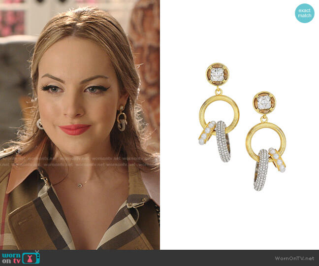 Gemma 12K Goldplated, Swarovski Crystal & Faux Pearl Charm Drop-Hoop Earrings by Demarson worn by Fallon Carrington (Elizabeth Gillies) on Dynasty