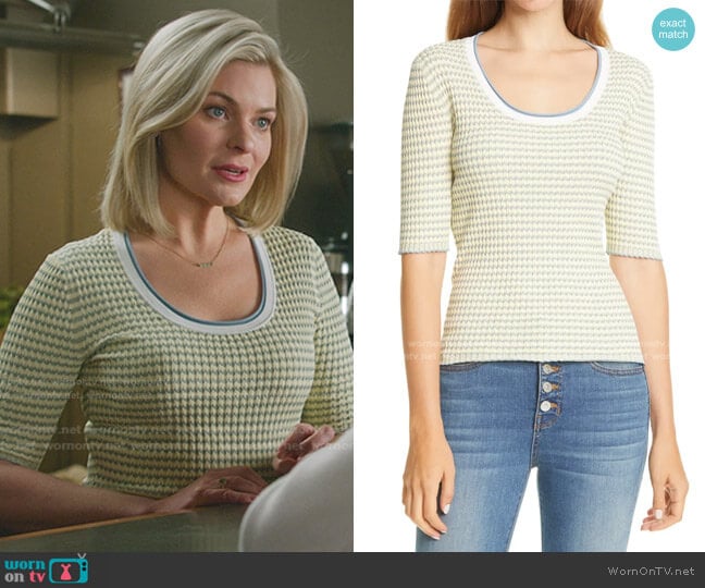 Stephanie’s yellow scoop neck knit top on Good Witch