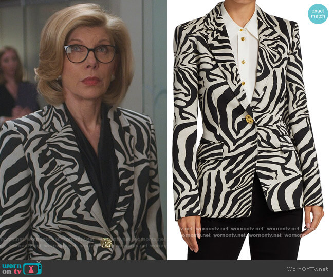 Jacquard Zebra-Print Blazer Jacket by Escada worn by Diane Lockhart (Christine Baranski) on The Good Fight