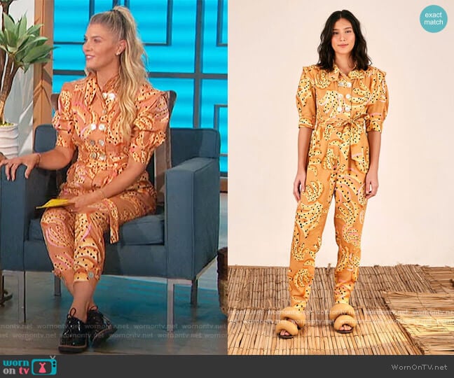 Caramel Raining Bananas Puff Sleeves Jumpsuit by Farm Rio worn by Amanda Kloots on The Talk