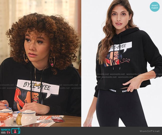 Byee-Byee Graphic Hoodie by Forever 21 worn by Jade (Talia Jackson) on Family Reunion