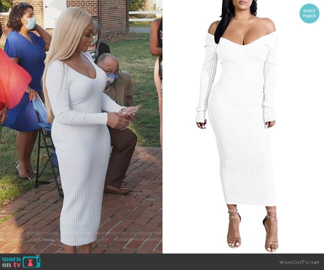 Off Shoulder Knit Sweater Dress by Forlisea worn by Karen Huger on The Real Housewives of Potomac