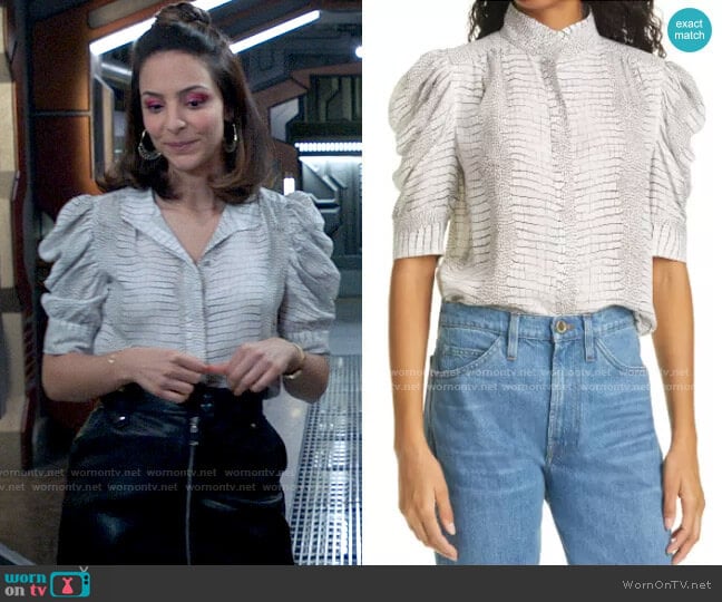 Frame Gillian Reptile Silk Blouse worn by Zari Tomaz (Tala Ashe) on Legends of Tomorrow