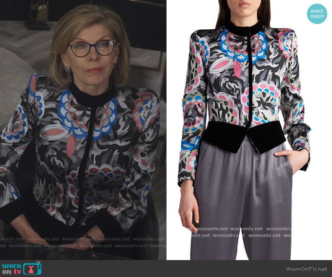 Velvet Contrast Camo & Floral Jacket by Giorgio Armani worn by Diane Lockhart (Christine Baranski) on The Good Fight