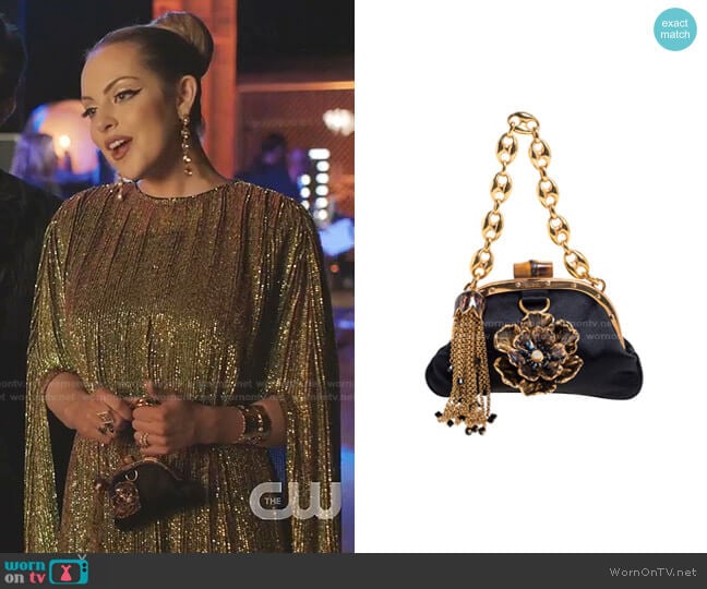 Satin Flower Embellished Bamboo Lock Mini Clutch by Gucci worn by Fallon Carrington (Elizabeth Gillies) on Dynasty