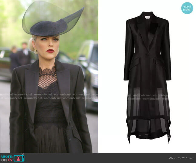 High-Low Sheer Wool-Silk Jacket by Alexander McQueen worn by Alexis Carrington (Elaine Hendrix) on Dynasty