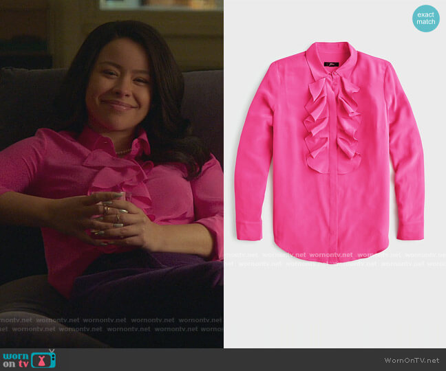 Collection ruffle-front blouse in Re-Imagined Silk by J. Crew worn by Mariana Foster (Cierra Ramirez) on Good Trouble