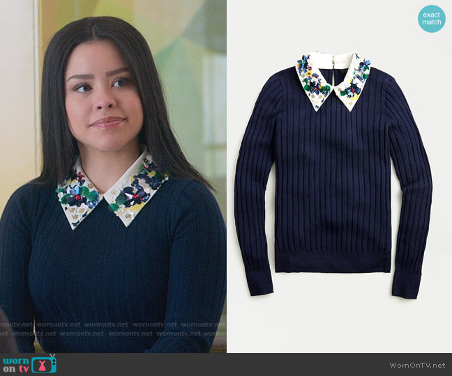 Limited-edition ribbed Tippi sweater with embellished collar by J. Crew worn by Mariana Foster (Cierra Ramirez) on Good Trouble