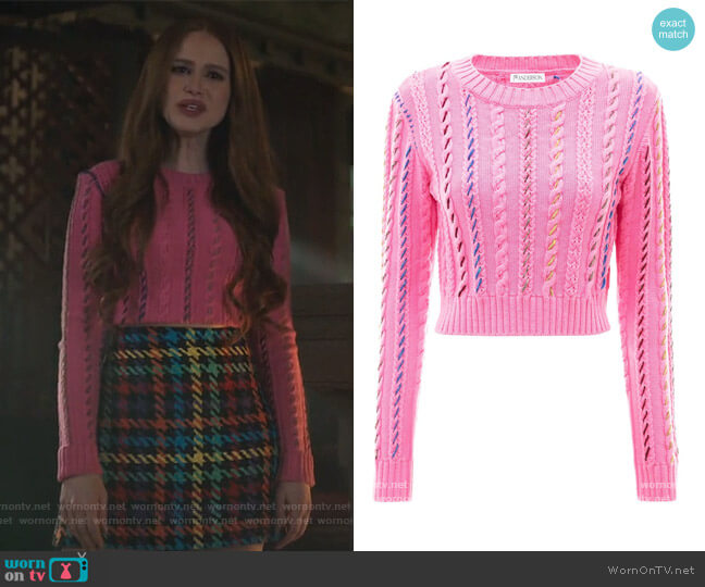 Cropped darning crewneck jumper by JW Anderson worn by Cheryl Blossom (Madelaine Petsch) on Riverdale